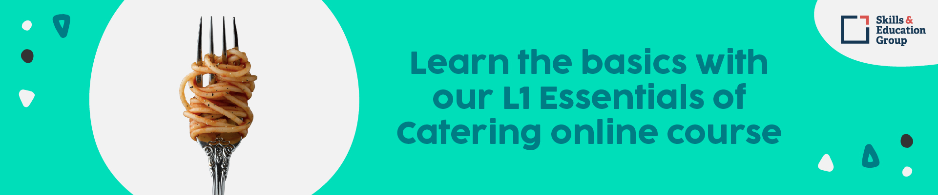 Fork with spaghetti wrapped around it. Learn the basics with our Level 1 Essentials of Catering online course