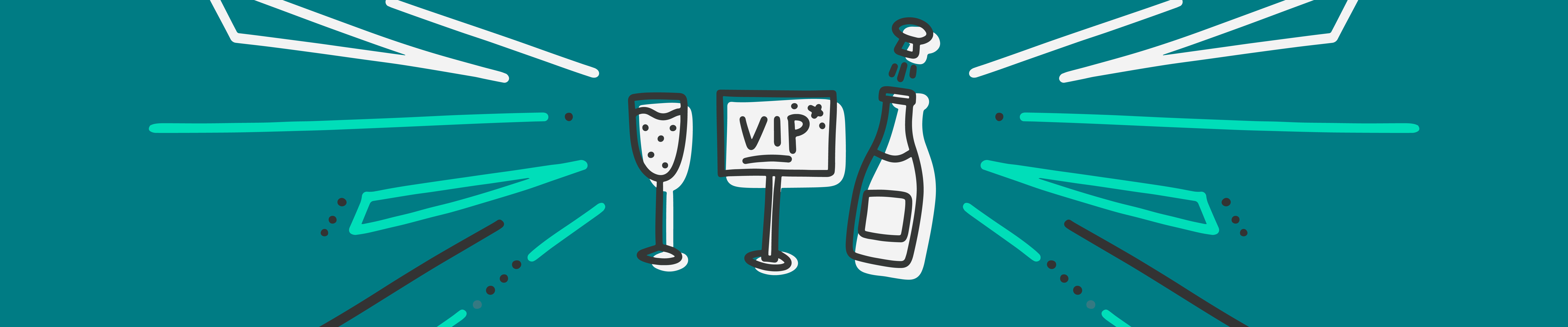 Champagne bottle, bubbling champagne flutes and VIP sign