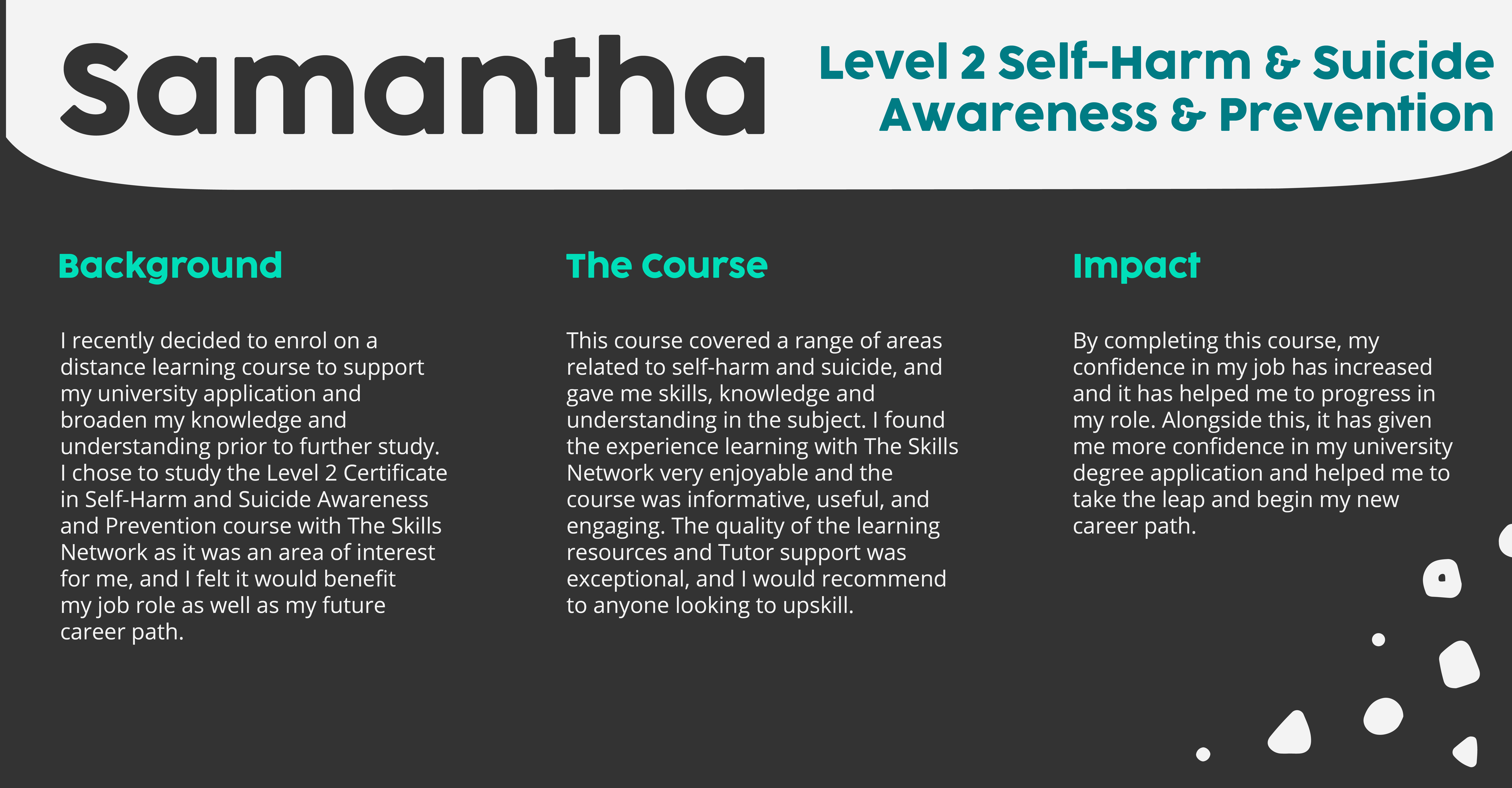 Samantha's experience of the free online suicide awareness training course